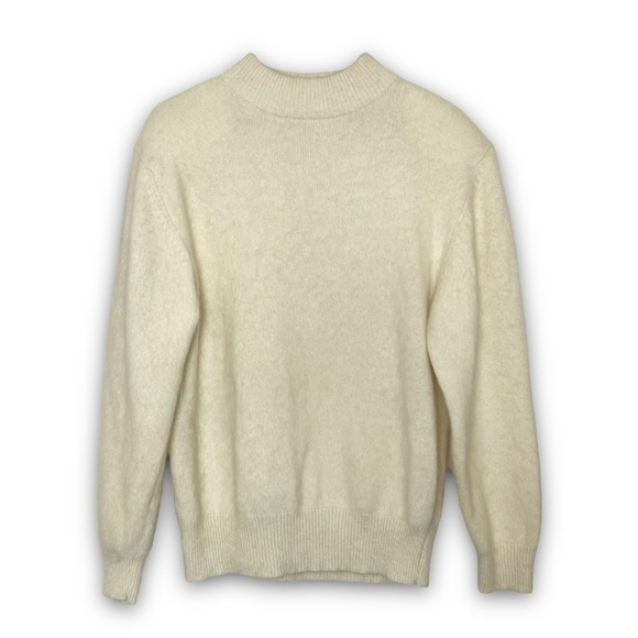 VINTAGE 80s Angora Wool & Ivory Fuzzy Knit Mockneck Rib Trim Pullover Sweater S - Picture 1 of 5